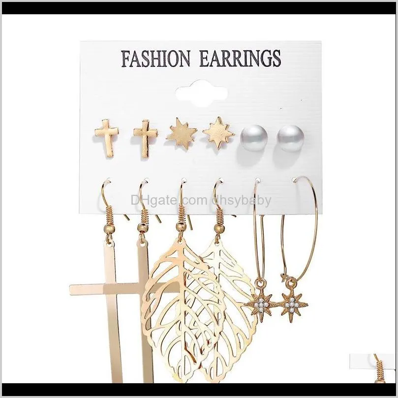 women ethnic cross leaves style pendant earrings creative simple geometric dangle earrings fashion jewelry 6 pairs/set