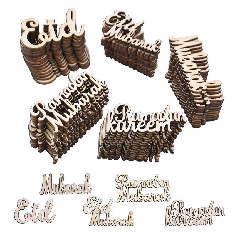 Decorazione per feste 15/30/60 pezzi Eid Mubarak Trucioli di legno Decorazione Musulmano Ramadan Alfabeto Coriandoli di legno Ornamenti Fai da te Scrapbooking Artigianato