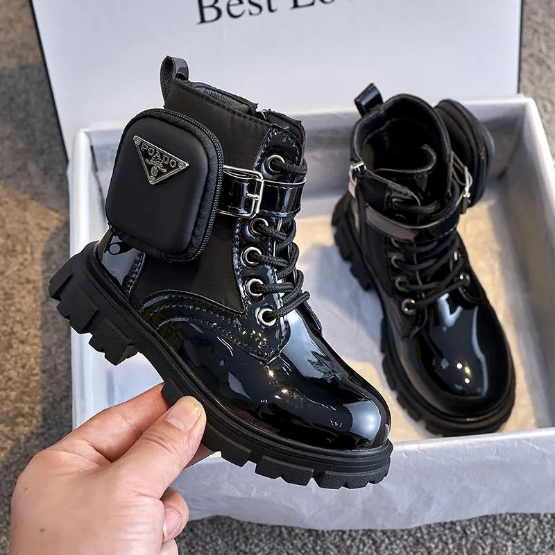 Botas meninas outono moda preto estilo britânico tornozelo crianças pu couro maré crianças sapatos de inverno mais veludo