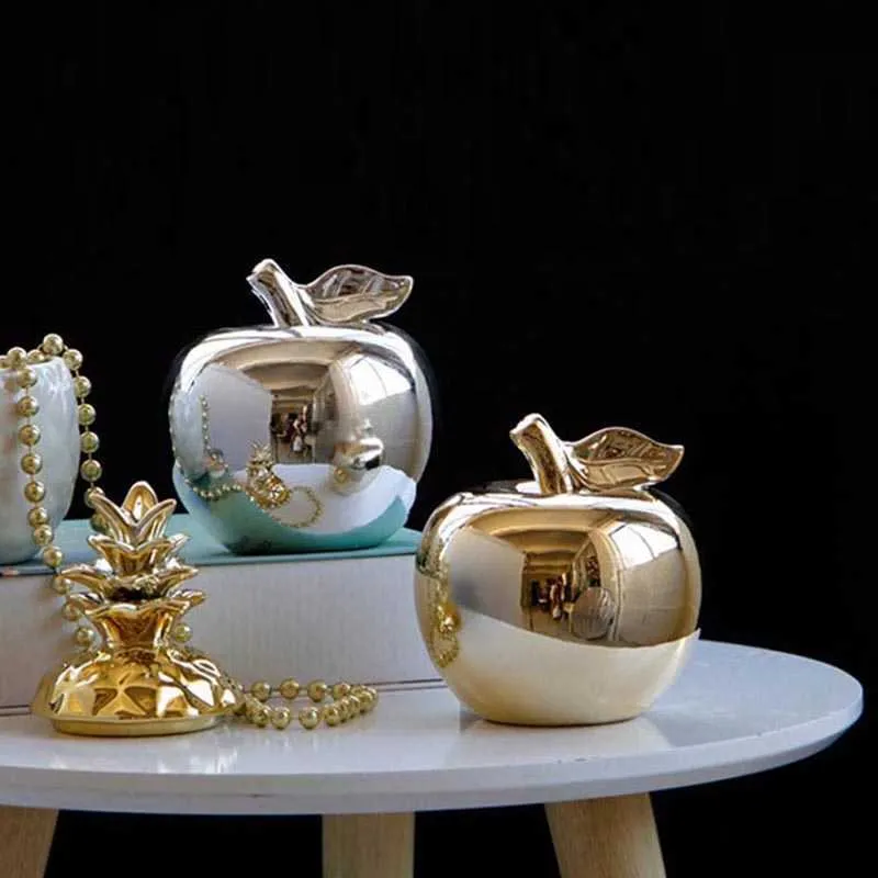 Modelo de manzana chapada en oro de cerámica nórdica, adornos para decoración del hogar, escultura de arte moderno, figuritas de frutas, estante de vino, decoración de Navidad