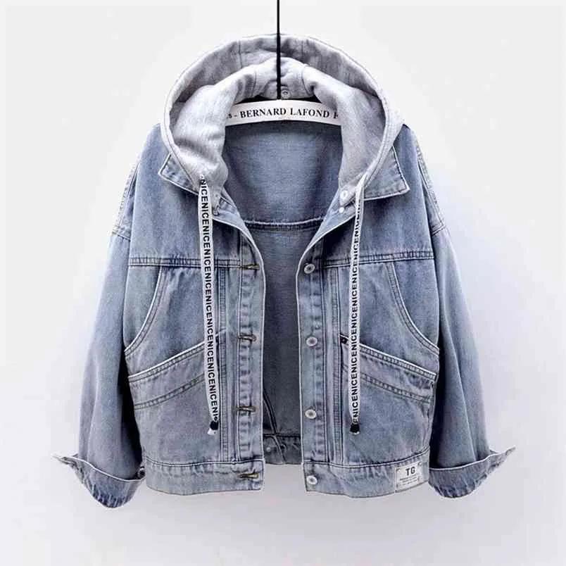 Lente Herfst Korea Mode Vrouwen Lange Mouw Losse Blauw Denim Jas Big Pocket Hooded Casual Jacke Femme Korte Jassen S790 210512