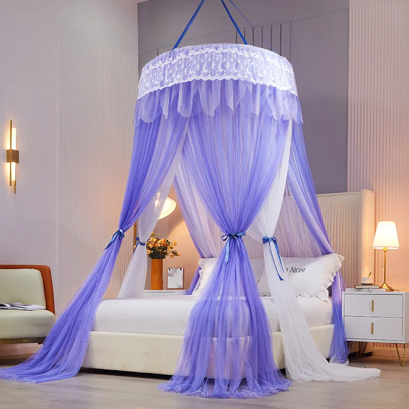 Luxury Lace Mosquito Net Romantic Hung Dome Ceil Mesh Dubbel Layer Netting Folding Summer Insect Canopy för 1.2-2.0m säng