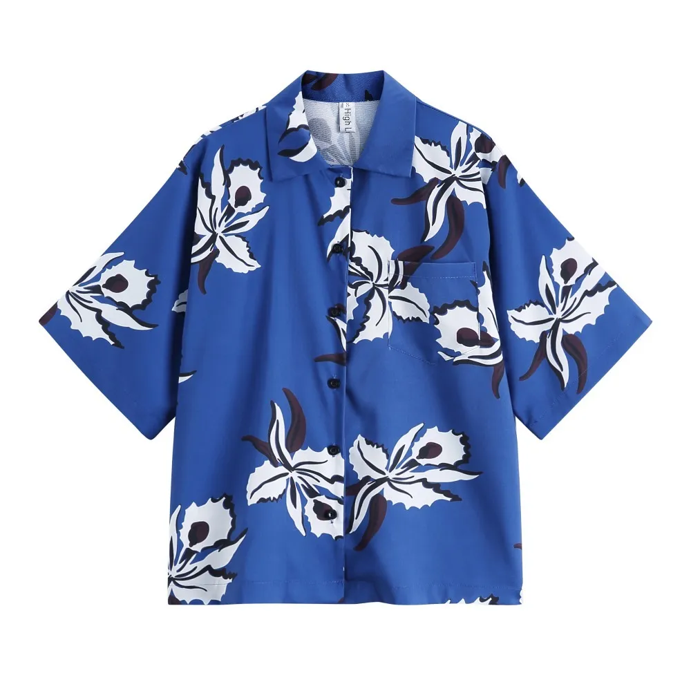 Hawaii Blue Floral Print Slå ner Krage Knappskjorta Kortärmad Sommar Casual Strand Kvinnor B0160 210514