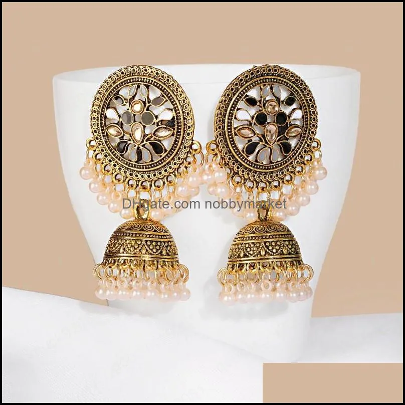 Ethnic Women`s Big Round Oxidized Indian Dangle Earrings Vintage Flower Bohemian Pearl Tassel Jhumka Earring