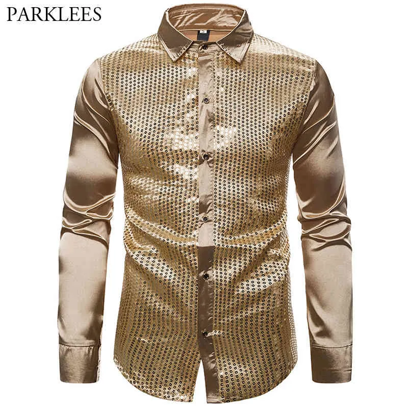 Gold Sequin Men Dress Shirt Silk Satin Men Long Sleeve Party Dance Shirt Men Smooth Comfortable Mens Tuxedo Shirt Camisas Hombre 210524