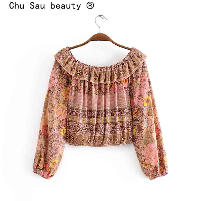 Chu Sau Beauty Fashion Bohoヴィンテージプリントコットンルーズクロップトップス女性ホリデー長袖レディース夏のショートブラウス210508