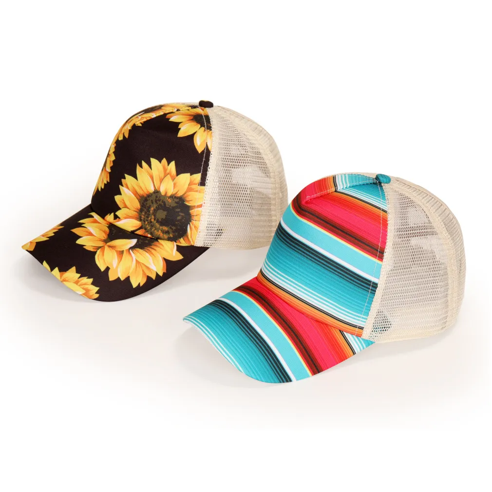 Gorra de béisbol de girasol para mujer, gorras cruzadas de malla a rayas, sombreros de fiesta, moños desordenados, gorras de poni para camionero, sombrero de papá para niñas W0269