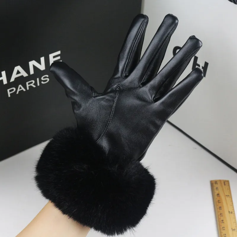 Fashion Rabbit Fur PU Leather Gloves Women Touch Screen Full Finger Mittens Ladies High Quality Black Warm Driving Glove