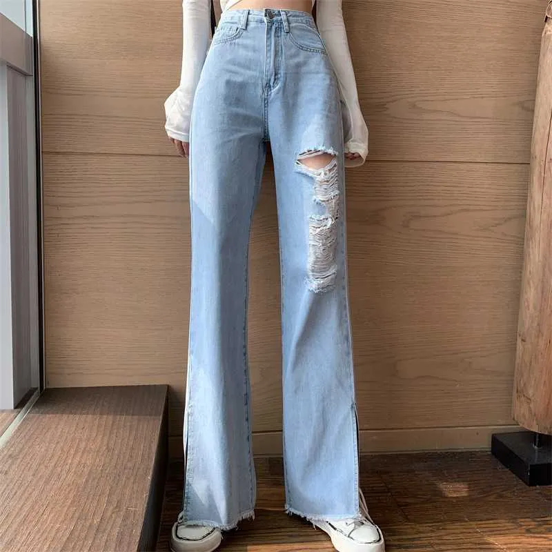 Kobiety Casual Jeans Fashion Hole Spodnie Wysokiej Talii Proste Pant Zipper Streetwear Ubrania Femme Dna rozdzierające Spodnie Lato 210604
