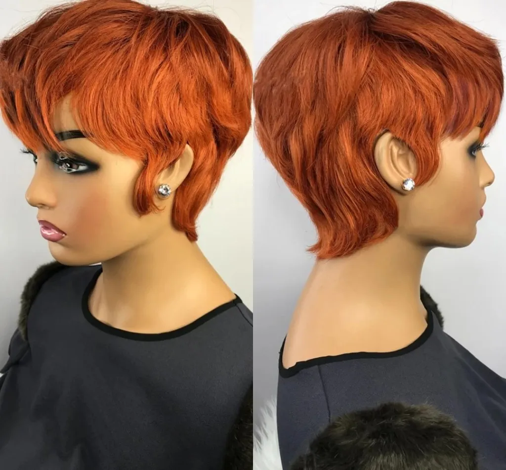 Orange Ginger Color Wig Short Wavy Bob Pixie Cut Full Hine Made No Lace Human Hair Wigs with Bangs for Black Women Brazilian