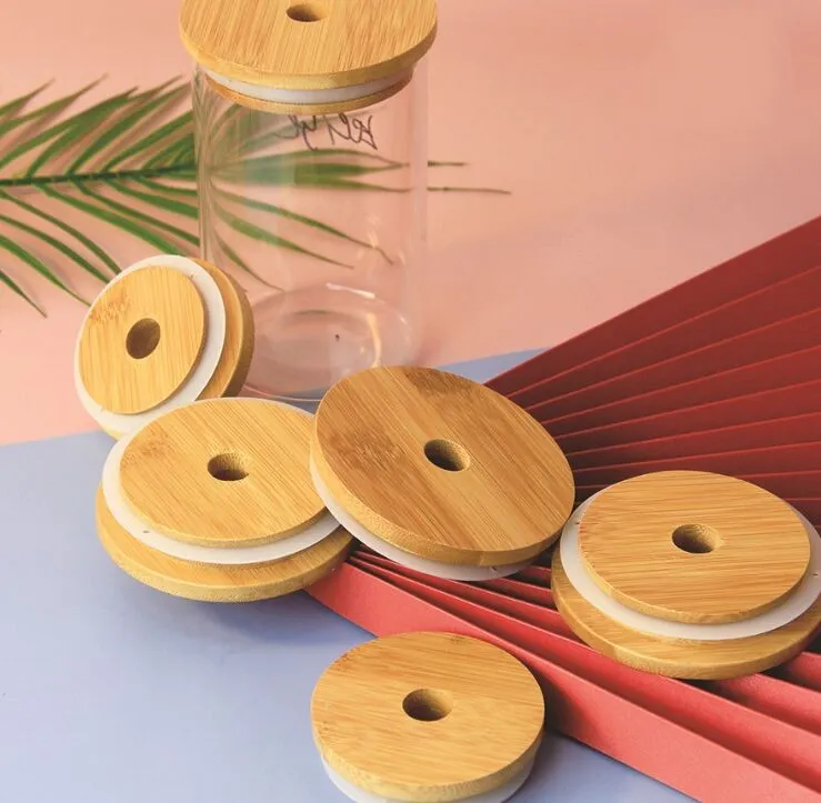 Mason Kapakları Yeniden Kullanılabilir Bambu Kapaklar Saman Deliği ve Silikon Kavanozlar İçin Silikon Mühür