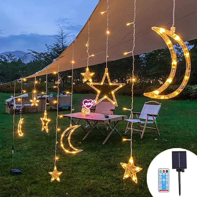 Solar Led Light String Gordijn Romantische Touw Lichten met Afstandsbediening Outdoor Ster Garland Maan Lamp Bar Woondecoratie Party Christmas Wedding