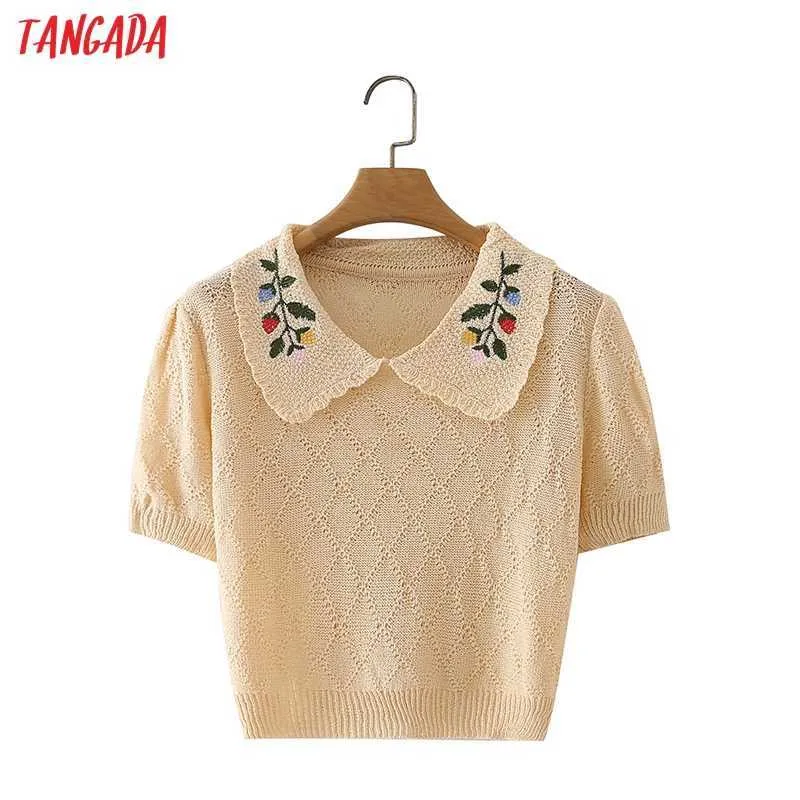 Tangada Korea Chic Vrouwen Bloemen Emboridery Collar Zomer Sweater Korte Mouw Dames Gebreide Jumper Tops 7Y32 210609