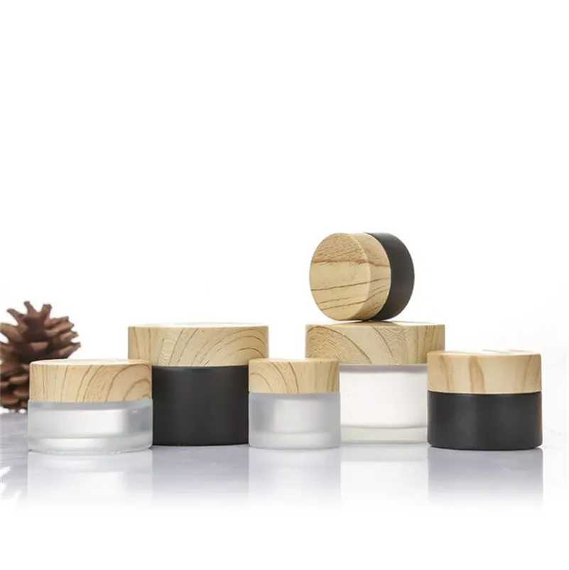 Pot en verre givré bouteille de crème ronde pots cosmétiques conteneur bouteilles d'emballage 5g 10g 15g 20g 30g 50g avec couvercle en grain de bois imité