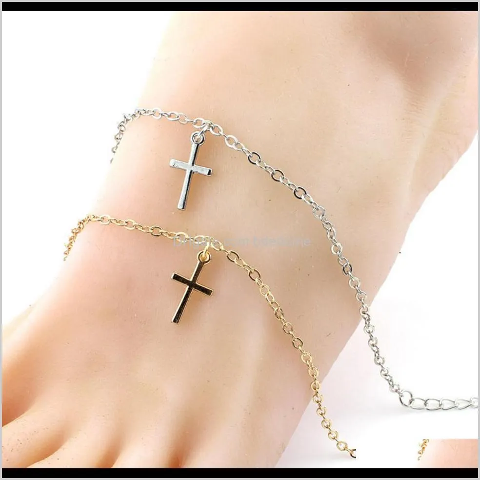 Anklets Drop Delivery 2021 Fashion Jewelry Simple Stlye Cross Pendant Gold And Sie Plated Metal Chain For Women Foot Anklet Gift P5Nwe