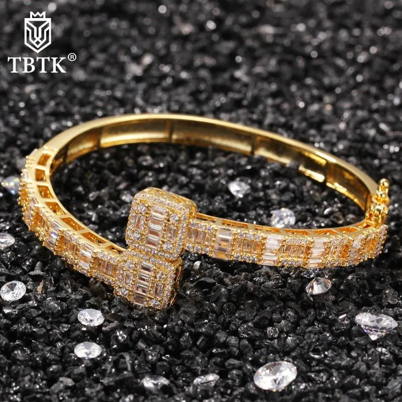 HIPHOP 6.4mm Hoge kwaliteit Iced Out Cubic Zirkoon Baguette Armband Luxe Gold Pols Rapper Mode-sieraden Punk Mannen Bangles Link, Ketting