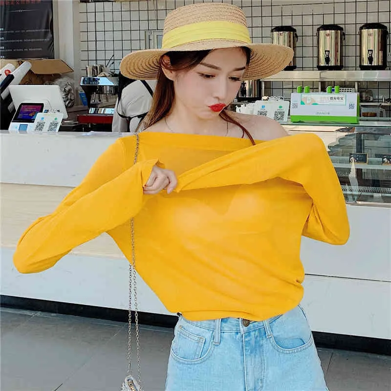 Voir à travers mince lâche sexy drôle femme T-shirts été t-shirt jaune femme à manches longues t-shirt femmes Harajuku t-shirts 210417