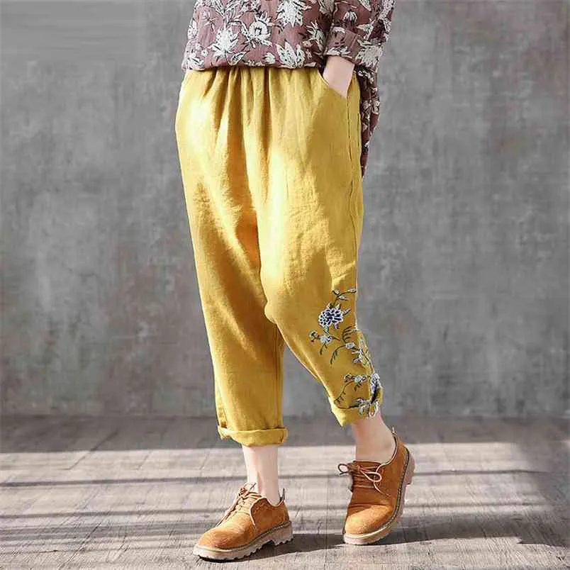 Arts Style Spring Femmes Pantalon Harem Taie élastique Broderie vintage Casual plus taille femelle en coton lin lâche D396 210512