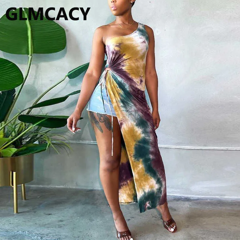 One Shoulder Tie Dye Side Slit Sexy Dress 210702 One Shoulder Tie Dye Side Slit Sexy Dress 210702
