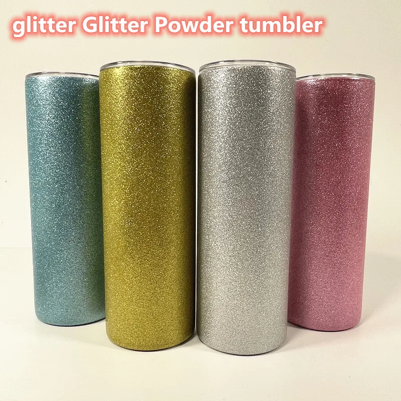 Glitter em pó copo 20oz tumblers retas copo de aço inoxidável caneca brilhante parede dupla com tampas e palha
