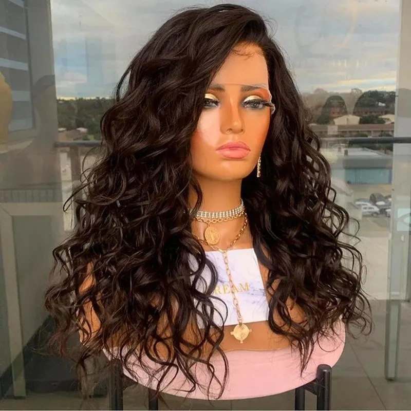 Midium brown Synthetic Lace Front Wig Long Body Wave Hair Heat Resistant wigs For Black Women With clips