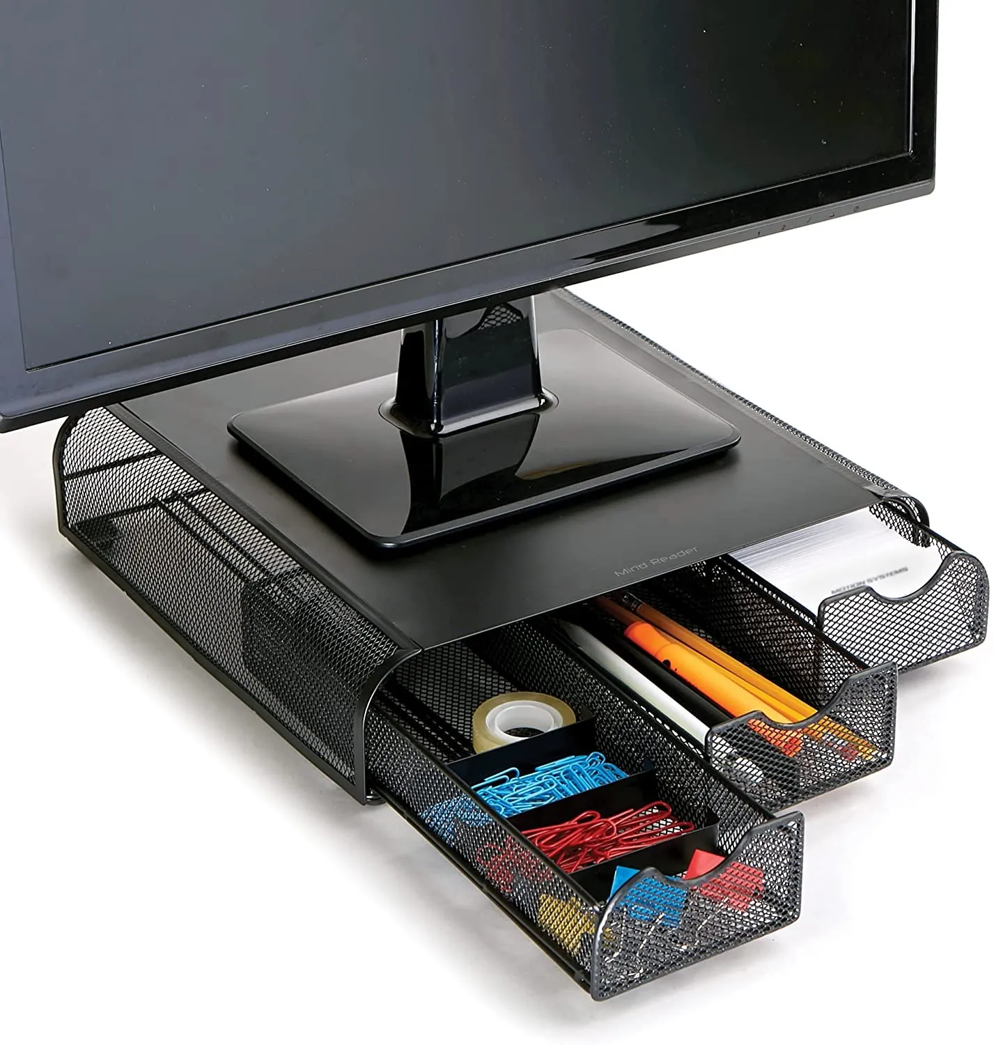 Monmesh-Blk Supporto per monitor e organizer da scrivania, rete metallica nera