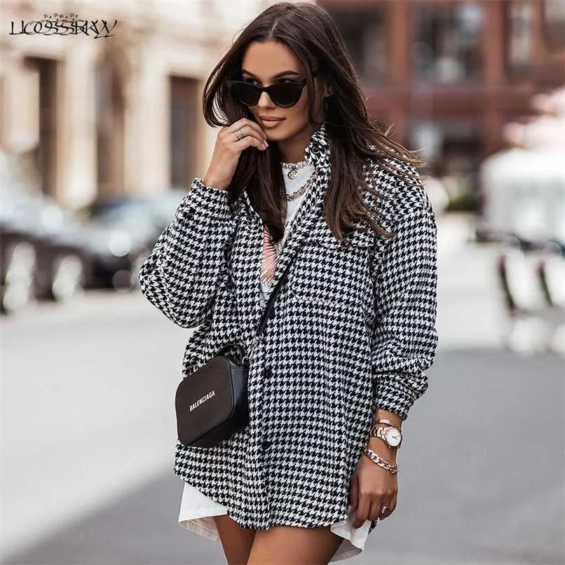 Autumn Fashion Houndstooth Women's Jacket Casual Loose Lapel Long Sleeve Coat High Street Plaid Female Winter Top 211109