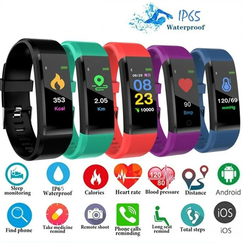 115 Plus Reloj inteligente Relojes deportivos Salud Pulsera Ritmo cardíaco Fitness Podómetro Pulsera Impermeable Hombres