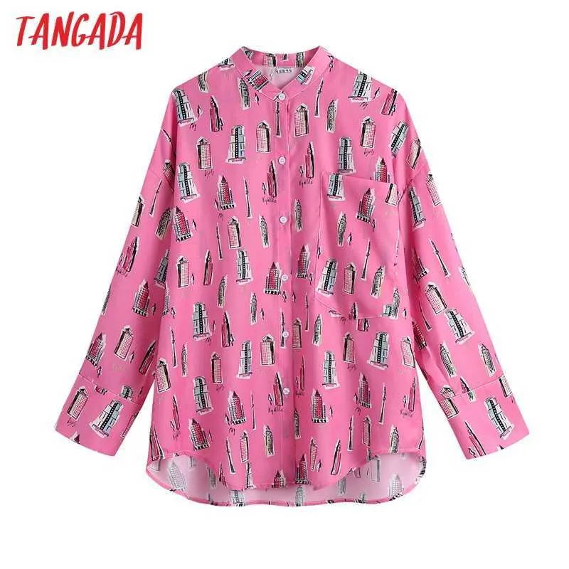 Tangada Frauen Mode Rosa Gedruckt Gemütliche Blusen Vintage Langarm Button-up Weibliche Shirts Blusas Chic Tops BE409 210609