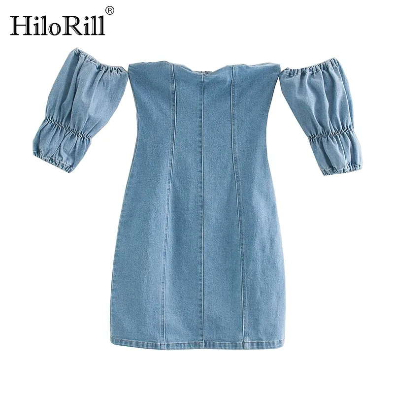 Women Sexy Off Shoulder Denim Mini Dresses Slash Neck Club Party Jeans Female Back Zipper Cotton Bodycon 210508