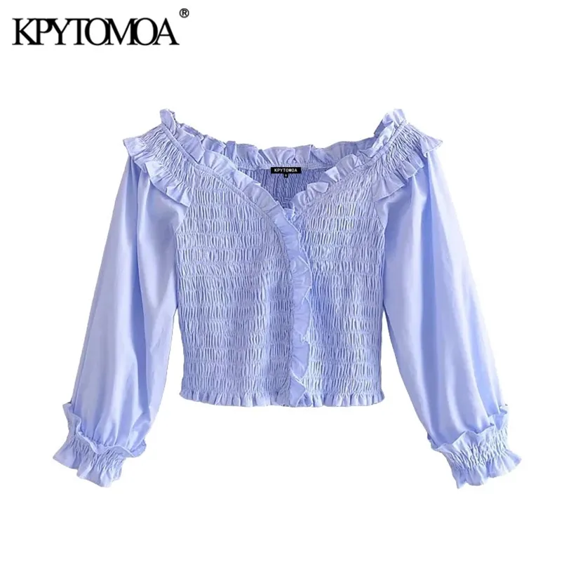 Kadınlar Tatlı Moda Ruffled Smocked Elastik Kırpılmış Bluzlar Üç Çeyrek Kollu Kadın Gömlek Chic Tops 210420