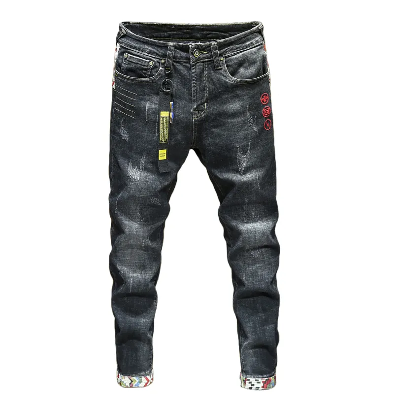 Moda Streetwear Uomo Jeans slim fit elasticizzati Ricami Patchwork Pantaloni in denim strappati Pantaloni firmati vintage Pantalons pour hommes