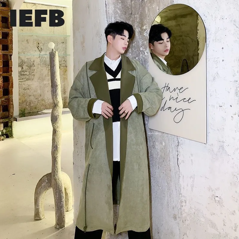 IEFB Mäns Koreanska Mode Mid Length Trend Coat Spring Bandage Green Causal Vintage Windbreaker med Bälte 9Y5432 210524