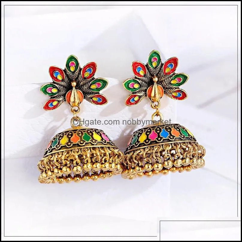 Vintage Antique Indian Peacock Carved Jhumka Jhumki Earrings Women Boho Ethnic Gold Bells Earring Jewelry