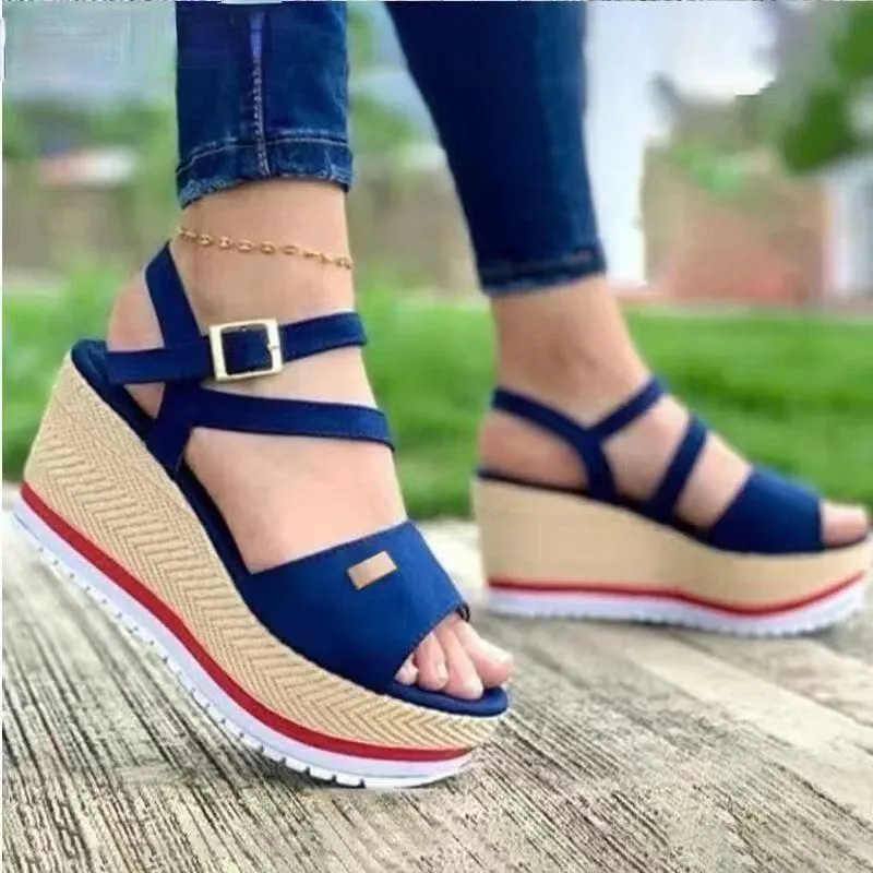 Sandali estivi Moda cinturino con fibbia solida copertura con frange tacco piattaforma piatta casual da donna taglie forti zeppe gladiatore aperte