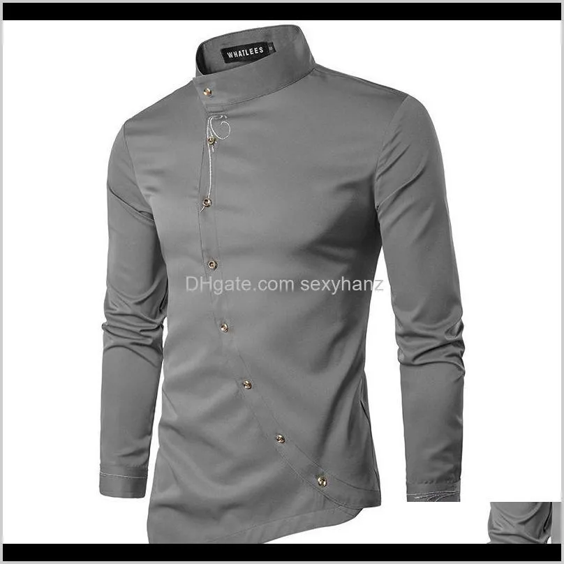 oblique buttons irregular hem s-2xl fashion men`s shirts full sleeve embroidery casual young boys tops slim fit shipping1