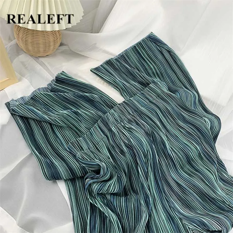 REALEFT Summer Vintage Printed Women's Pleated Long Pants Elastic Waist Loose Bohemian Female Wide Leg Trouses Ladies 211105