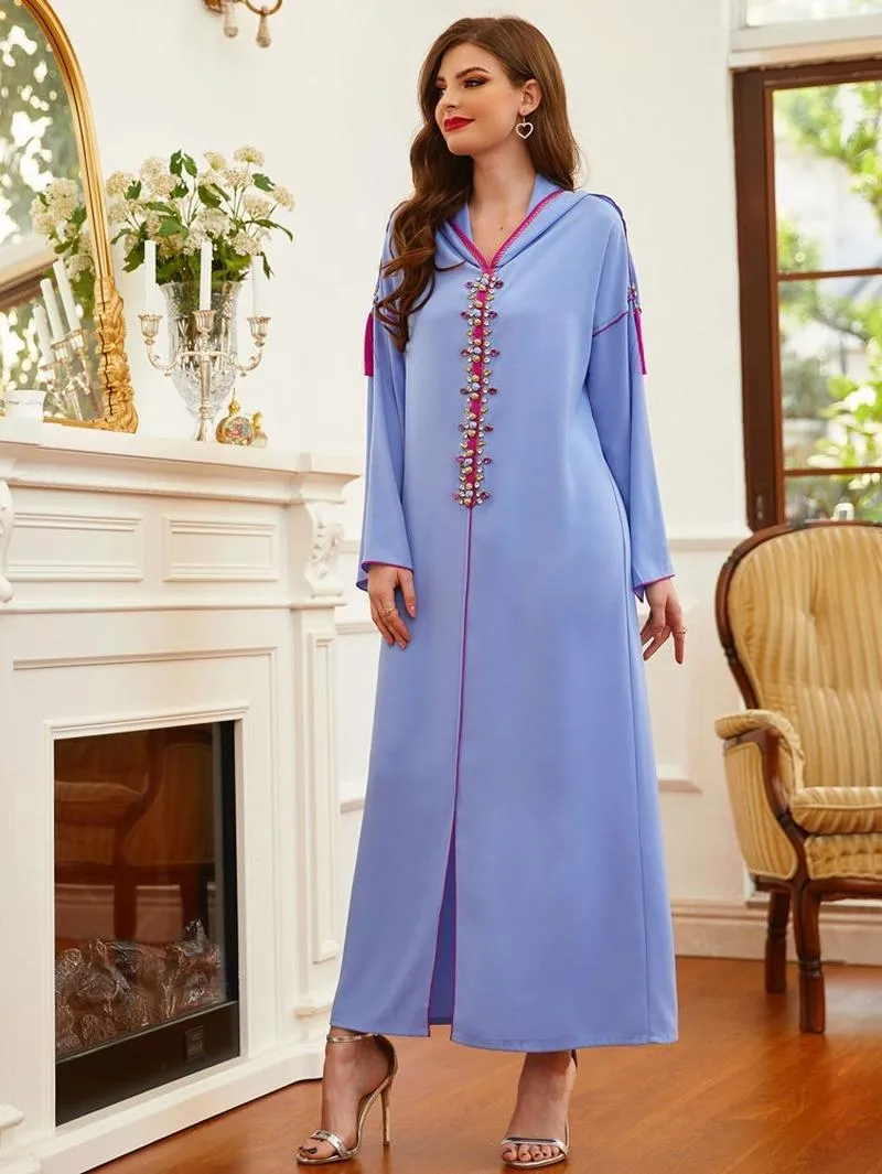 Ethnic Clothing Kaftan Hooded Abaya Jalabiya Women Fashion Handwork Rhinestones Muslim Eid Party Dress Night Gown Dubai Clothes