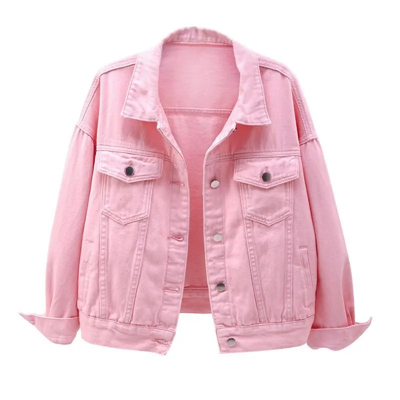 Kvinnors Jackor Plus Storlek Denim Jacka Vår Höst Kortrock Rosa Jean Casual Toppar Lila Gul Vit Lös Ytterkläder KW02