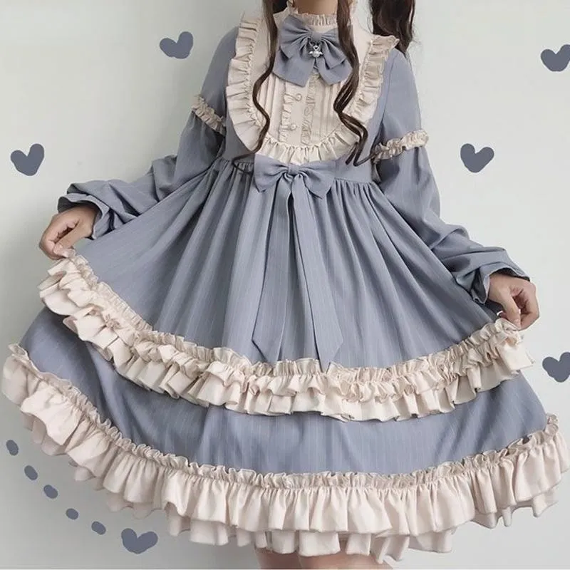 Casual jurken lolita zoete vintage jurk vrouwen lange mouwen kostuum kawaii losse schattige Japanse stijl boog voor meisjes ins