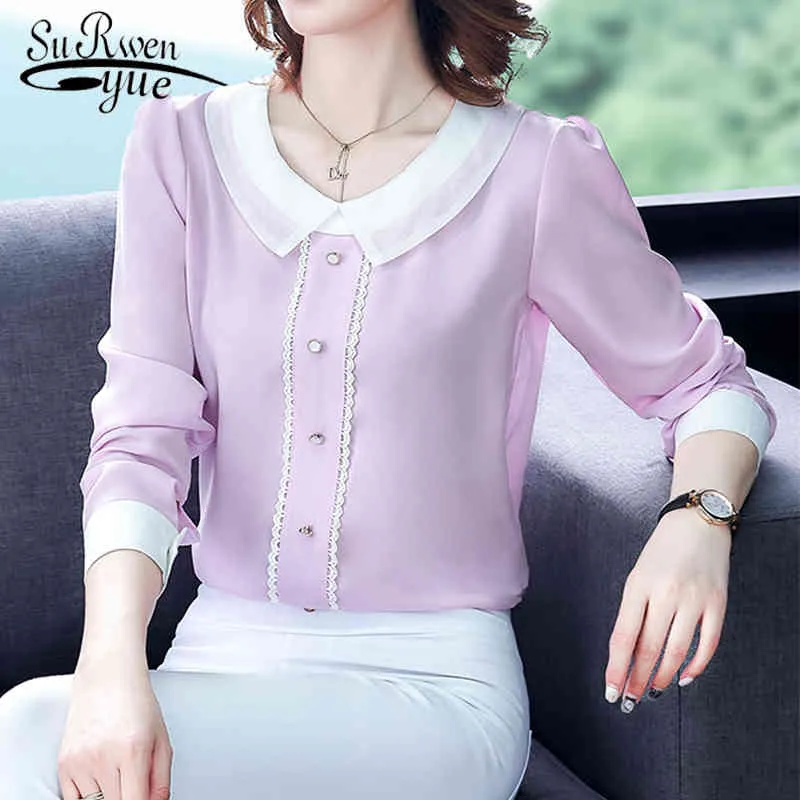 Peter Pan Collar Long Sleeve Chiffon Blouses Woman Plus Size Ladies Tops Pink Tops Office Lady Female Blusa Mujer Moda 6933 210417