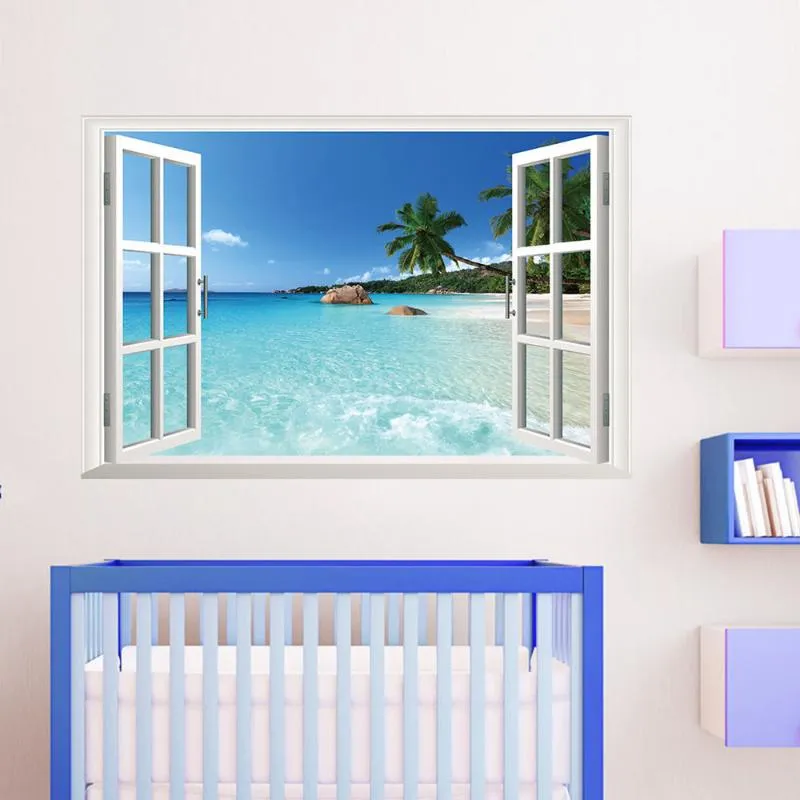 Autocollants de fenêtre été plage autocollant mural décor grand amovible mer 3D vue paysage décalcomanies