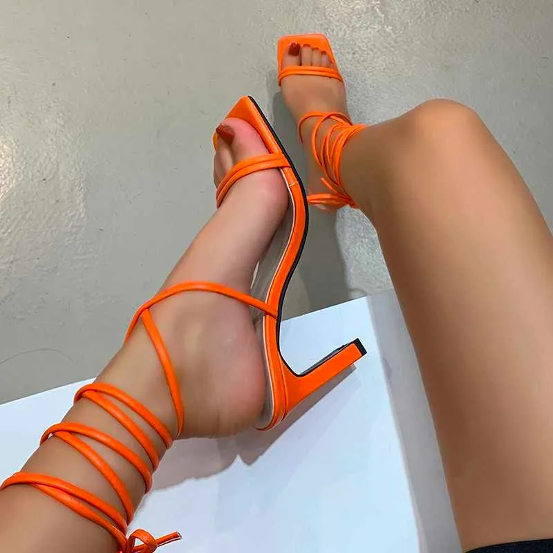 Green Orange Lace Up Sexy Party Sandals for Women Summer Ladies High Heel Pumps Female Square Toe High Heel Sandal Big Size 43 X0526