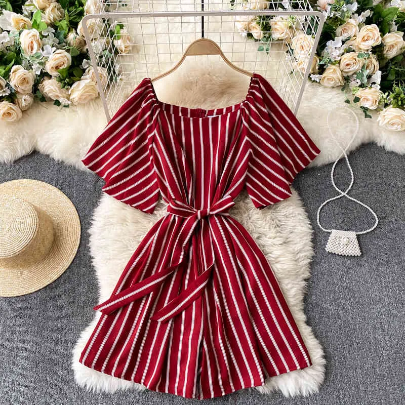 Singreiny Dames Retro Gestreepte Rompertjes Koreaanse Vierkante Kraag Korte Mouw Lace Up Jumpsuit Zomer Vakantie Strand Korte Rompertjes 210419