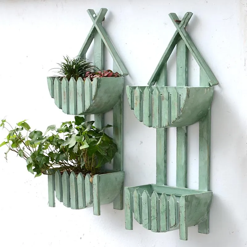 Antique Green Fence Design Two Layers Wooden Wall Flower Pot European Home Garden Decor Footed Hanging Wood Plant Basket Planters & Pots