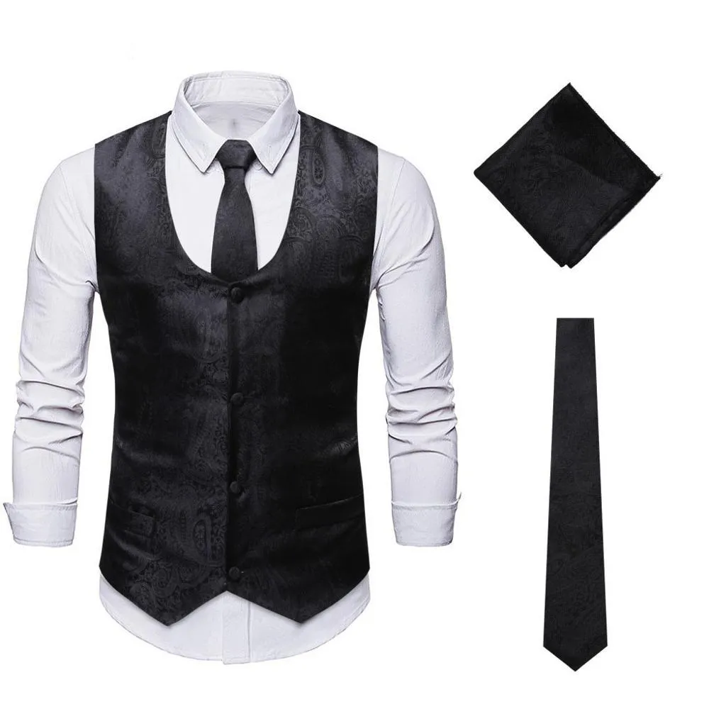 Men's Black Paisley 3pcs Floral Jacquard Waistcoat Vest Handkerchief Tie Suit Pocket Square Set XXL