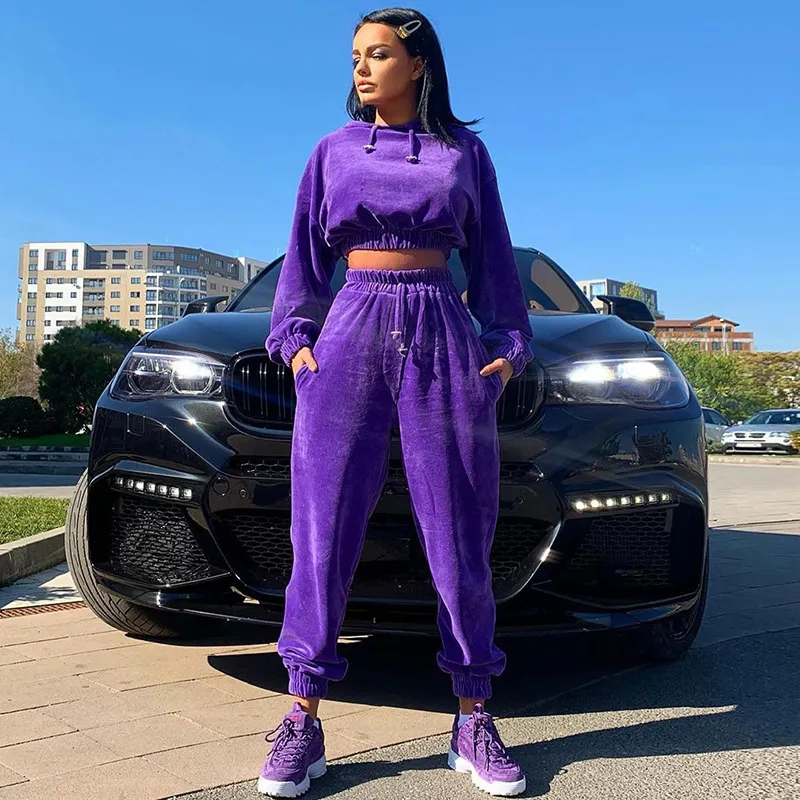 Sport Suit Hooded Sweatshirt Flannel Shirt 2 Piece Set Crop Long Sleeve Top Pants Women Matching Sets Pants Sweat Suit Clothing 210422