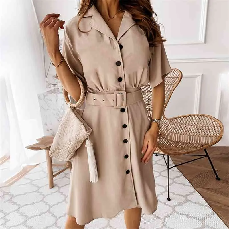 Elegant knapp Blazer klänning Kvinnor Solid Casual Belt Short Sleeve Office Ladies Workwear Vestidos Sommar Autunm 210427