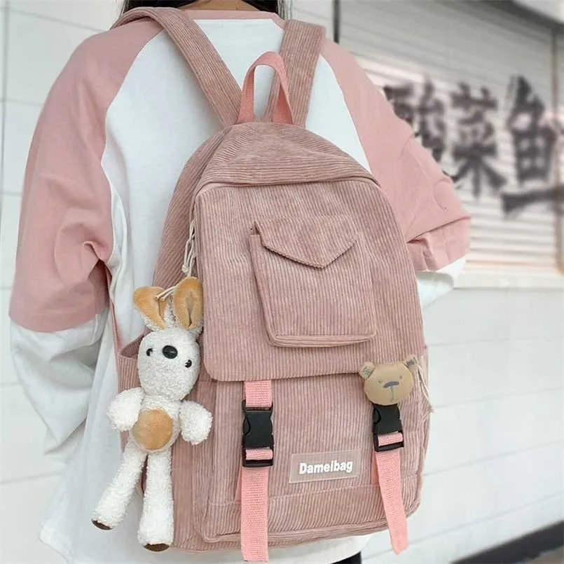 Girl Cute Student kawaii Backpack Corduroy College Ladies School Bag Stripe Female Fashion Women Harajuku Book Cool 211026