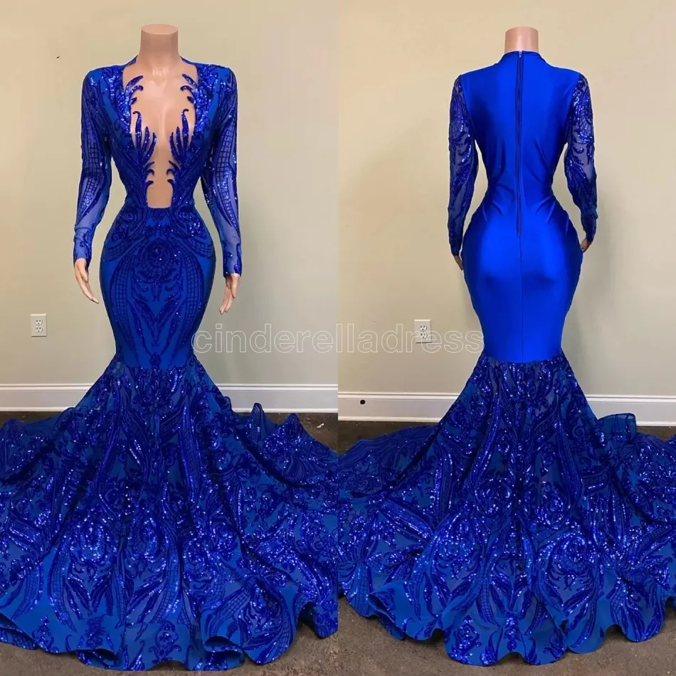 2022 vestidos de noche largos brillantes sirena Sexy manga larga escote transparente azul real sirena negro africano niñas vestidos de gala de graduación